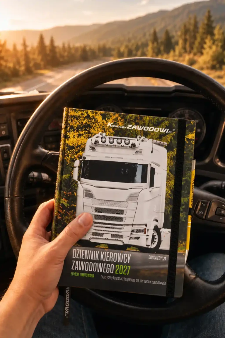 Dziennik Kierowcy Zawodowego 2027 trzymany w dłoni na tle kierownicy ciężarówki, z górską drogą widoczną za szybą.